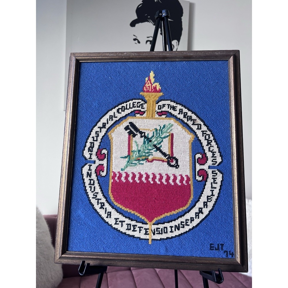 Vintage 1974 Industrial College of the Armed Forces Needlepoint Framed Art ICAF